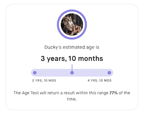 Imagery of results of Age Test for a dog named lucky, showing an estimated age of 3 years and 10 months. And that 77% of dogs have a true birthday within 12 months of their estimated birthday.